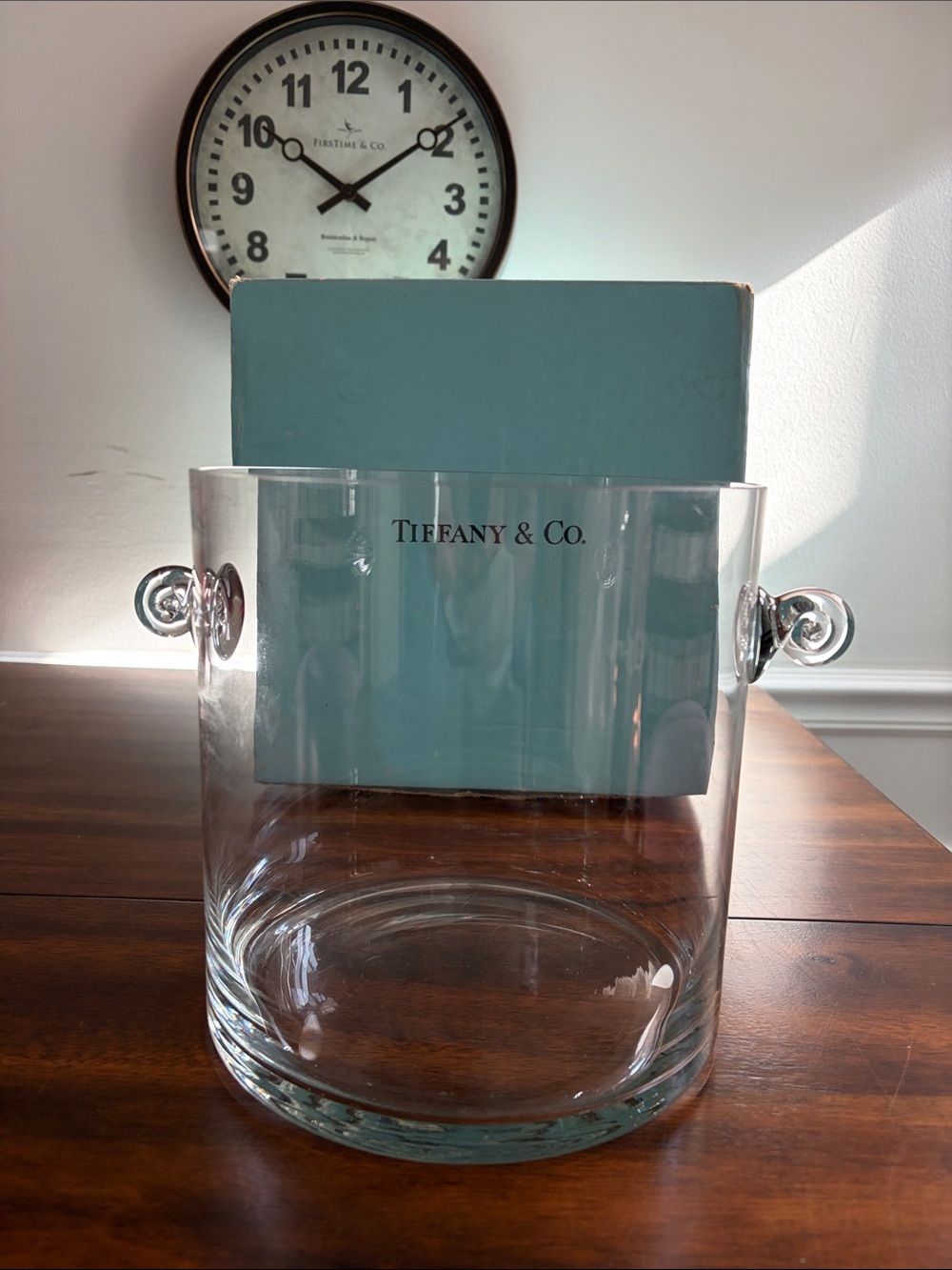 Tiffany & Co. Vintage Glass Ice Bucket with Scroll Handles